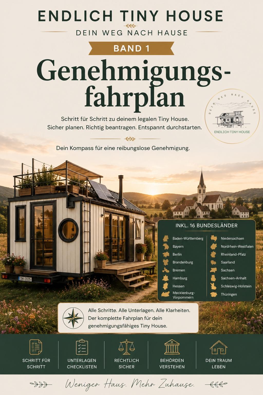 Buchcover: Endlich Tiny House Band 1 — Genehmigungsfahrplan mit allen 16 Bundesländern